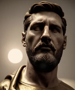 Ultra Realistic image, roman sculpture, marble deluxe material, Lionel Messi, gold radial circle crown, miguel angel style, chisel style, emperador, waist up portrait, cinematic lighting, God light, god rays, 4k resolution, smooth details, ornate details, soft lighting, unreal engine 5, sky background.