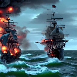 Two pirate ships fight each other at sea. Firing cannons. One ship is hit and burns after being hit.