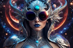 A captivating and vibrant image of an extraterrestrial being, perfectly suited for a futuristic cover. The alien sports a stunning metal headdress, with intricate designs that perfectly match his elegant silver face. Her retro-style oversized sunglasses are adorned with miniature stars and planets, accentuating her otherworldly charm. Against a dark cosmic void, the background displays a fascinating dance of vivid colors, evoking a sense of movement and cosmic energy. Full body