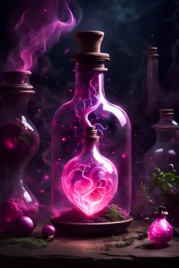 An elixir full of energy in a jeweled potion bottle in a dark wizards room. realistic heart in a jar. glowing. high resolution. pink potion. flowy smoke. love potion. sparks around the potion. mysterious. roots and vines and herbs in potion