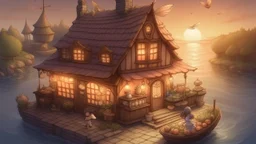 You're going to draw a(n) floating fairy bakery, at dawn in summer.