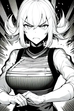 angry blonde girl, angry pose, greyscale