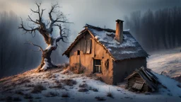 a lonely old adobe hut with worn adobe brown-gray wall and a small window, a crumbling roof, an old chimney stands on a hill, next to it is a small woodshed by the wall, and an old withered tree leans over the hut on thr old tree sitting a black crow, the hut stands on the edge of a European forest, winter, snowy landscape, low light, dawn, high detailed, sharp focus, high realistic, perfect photo