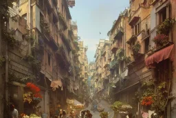 Street goes down+A greengrocer in colorful genoa street+Italian mediavel Italian sea+alphonse mucha, greg rutkowski,matte painting, cryengine, hyper detailed, felix kelly, fantasy art, seb mckinnon