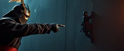 close up on samurai guard pointing at professional ninja thief climbing a wall during lightening,