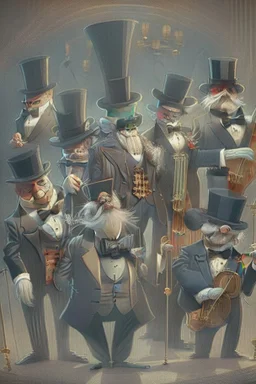 Professor knuckles and his band of very elderly musicians, all dressed in tuxedos and top hats.