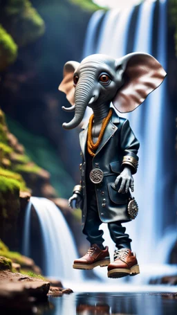 magazine cover, twisted rock star alien gremlin elephant rapperwith silver boots as a pimp on catwalk going down heavens waterfall,bokeh like f/0.8, tilt-shift lens 8k, high detail, smooth render, down-light, unreal engine, prize winning