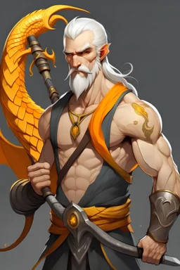 He is a tall, muscular person with long ears and white hair. He has one yellow eye and one orange eye with a sharp gaze. He carries a scythe and has a dragon tattoo on his right arm.