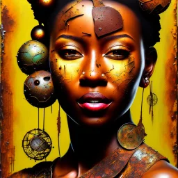 an abstract painting of rusted metal, african portrait, rust, scaffolding, iron cladding, decay, mixed media, textured, anatomically correct, beautiful perfect face, sharp focus, highly detailed