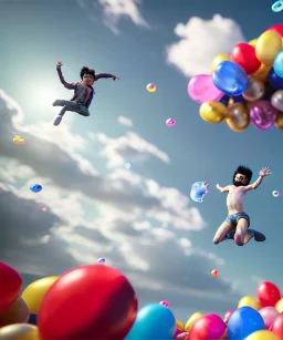 Ultra realistic speed clouds sky scene, wide angle view, sweet men falling down, Childs, feather color clothing, free jumping flying, many trinkets, hair monster, many jelly beans, balls, color smoke, smile, happy, circus style, extreme, wind, clouds sea, 20,000 feet altitude, stratosphere, soft color, highly detailed, unreal engine 5, ray tracing, RTX, lumen lighting, ultra detail, volumetric lighting, 3d, finely drawn, high definition, high resolution.