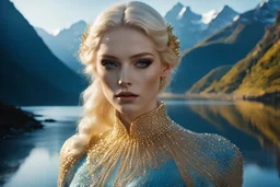 Otherworldly, Hiper-realistic Close-up photo, Otherworldly, blonde Brown HD face Actress knight fashion, Moebius Iris Van Harpen translucent fluorescent haute couture gold ivory pearlescent blue knitted medium-transparent silk glitter gown costume, Austrian Symbolism, arcane atmosphere, at sunny dawn behind mountains River Mountain, by Elena Kalis, mario Bava movie still