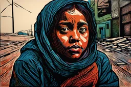 create an abstract, deeply powerful tragic, heart wrenching, and evocative, full body color woodcut of a homeless and hungry young Muslim refugee girl with highly detailed and deeply cut facial features, lost in a horrific post apocalyptic Gaza, in the style of KATHE KOLLWITZ and PAUL GAUGUIN, searing lines and forceful strokes