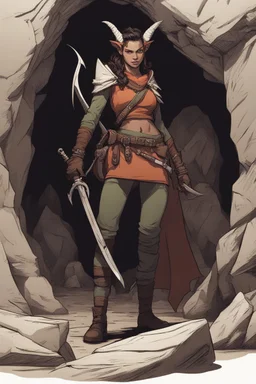 A DnD character. A female horned Tiefling ranger with pointy ears standing in a cave. The Tiefling has a little pterosaurs on her shoulder and a rapier in her hand.