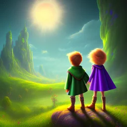 a cartoony boy and girl looking at a colorful land. The boy has a green cape on his back. There is a purple portal in the middle. Add a bright yellow sun in the back