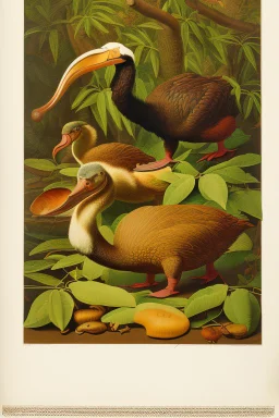 John James Audubon-like lithograph of a fully uncropped Dodo bird and a Platypus among oak branches and acorns