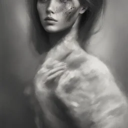 portrait of woman with a somber look and a face fading into clouds, highly detailed black and white, oil painting.