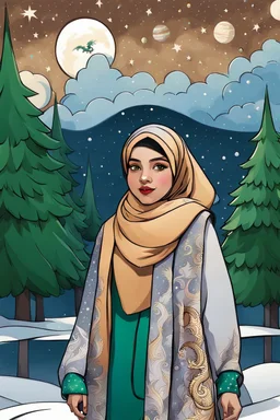 Muslim girl wearing a scarf with a dragon. trees . A sky colored with stars and planets. . And mosques