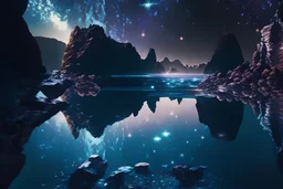 rocky cliff, galaxy, infinite, cosmos, people, water reflection, sci-fi.