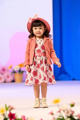 3 years old girl with fashion modern clothing in stage with flowers