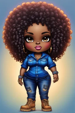 vibrant psychedelic pop punk image, airbrush, 48k, cartoon art image of a plus size chibi dark skinned Black female wearing a sapphire blue jean outfit with timberland boots. Prominent make up with brown eyes and lush lashes. Highly detailed tight curly ombre afro