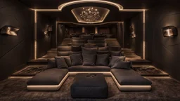 home cinema room, recliners, ambient lighting, warm environment