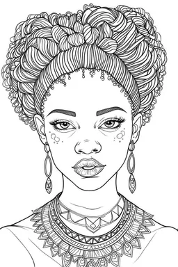 african girl face coloring page with beautiful hairstyle