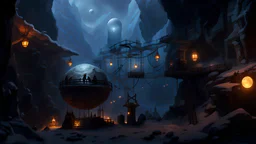 snowy Winter dwarf cave with a giant dwarf statue and scaffolding facing a science fiction orb