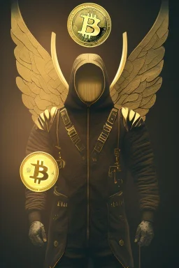 running berserker portrait , no face, black jogging suite , in the night Alps , holding bitcoin , angels background, volumetric gold light, high detail, dark leaf tree, dark mountains in background, perfect