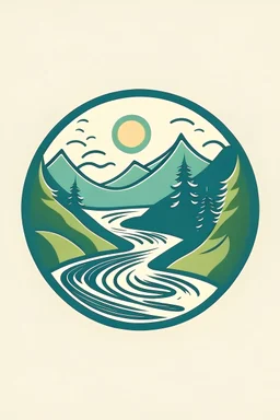 Generate a logo for a school located in a valley with water course, small hills and forrest