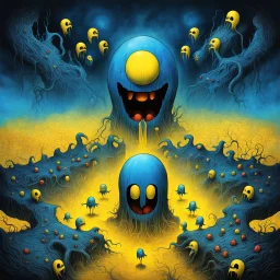 Dramatic movie poster art for blockbuster horror movie for "PACMAN" by Zdzislaw Beksinski and Alexander Jansson, Sinister Pac-man avatar and evil video game motifs, digital illustration, Lovecraftian Pac-man ghosts, surreal horror, text: "PACMAN", poster art, yellow and dark_blue color scheme