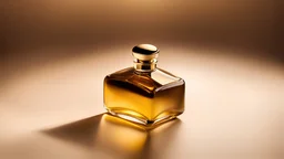 A minimalistic perfume bottle, captured in a close-up centered shot with an angled top-down view. The studio setting is bright and the lighting is reminiscent of golden hour, giving the image a dreamy quality. The extreme realism of the image makes it seem like you could reach out and touch the bottle. The image is rendered in a sharp focus, with post-processing techniques adding to the overall effect. The composition is perfect, with global illumination highlighting every detail. The compositio