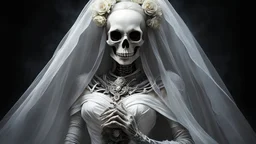 (((The image depicts an undead female-a lich, a monstrous creature consisting of bones and a skeleton, on a black background:1.5))). (((White dress, white dress, white veil:1.5))). (((bride's bouquet:1.5))). (((The character is villainous and monstrous, with soft natural lighting and illumination that create reflections and bright illumination:1.3))). (((The image shows symmetrical large round magic eyes, hair and face, which are carefully worked out with the best quality and realism of immersio