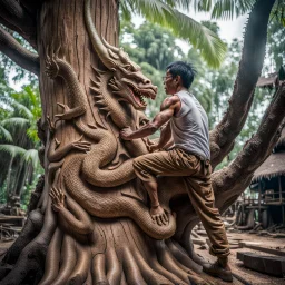 a Man Indonesia working is carving the body of dragon on a large tree trunk, with text "addie", very detailed. Photo wide angle raw. High res, high contras. Perfect, iso 1000, white balance 1