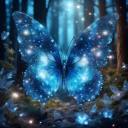 crystal butterfly made of gems made of different shades of blue, double exposure blue nebula on the wings, magical enhacned night forest, glowing particles in background, amibent mood,16k resolution photorealistic, masterpiece, hight contrast, depth of field, breathtaking intricate details, realistic and lifelike cgi, dramatic natural lighting, reflective catchlights, high quality CGI VFX fine art