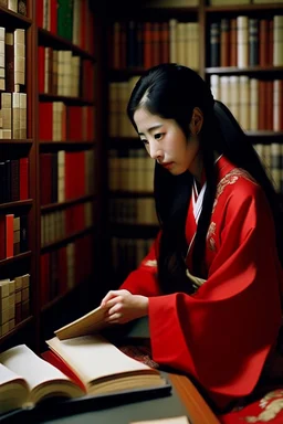 Editorial style overhead medium-close photo shot on kodak portra 800 of a 30-year-old japanese woman with long raven-black hair sitting in front of a shelf of ancient manuscripts in a kyoto library, she's wearing a red silk kimono designed by issey miyake with an intricate obi, the gentle ambiance creates a mood of wisdom and discovery as she sits attentively