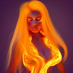 woman made of fire, fire angel, fire clothes, full body portrait, long flowing yellow hair, highly detailed, real life photo, photo quality, extremely detailed, highly detailed, 8K, crisp quality