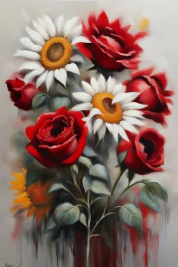 handmade brushstrokes, oil on cotton canvas ((by Ary Salles)) "beautiful red and white roses and sunflowers" --scribble effect, --brush trail effect, --perfect - aspect ratio: