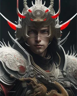 Detailed anime boy, dark brown hair, black and red dragon scale armour, intricate details, full body portrait, keep head in frame, slight smile, black Japanese motif, concept art, highly detailed, digital painting, concept art, sharp focus, illustration, art by Yoji Shinkawa, WLOP and greg rutkowski and alphonse mucha and artgerm and yanjun Chen and Junji ito and Makoto Shinkai, HDR, octane render