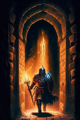 A frightening castle dungeon hallway with an evil knight warrior in rusty chainmail holding a burning torch painterly rpg art