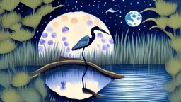 A heron in a pond in front of a full moon. Gouache painting.