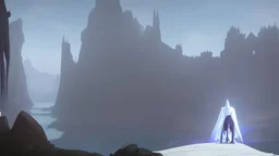 Sorcerer in white robe and hood approaches castle on a cliff