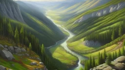 Beautiful image of a long valley between mountains, forests with realistic trees, winding river along the bottom of the valley, point of view is from the top of a mountain looking down along the valley, professional award winning masterpiece, realistic, oil on canvas, Atmospheric extremely detailed