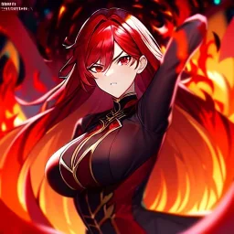 Clear focus, 8k, high quality, detailed, beautiful lighting, vibrant colors, red hair, vibrant red eyes, girl, angry fire magic