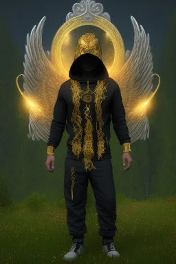 running berserker portrait , no face, black jogging suite , in the night Alps , holding bitcoins , angels background, volumetric gold light, high detail, dark leaf tree, dark mountains in background, perfect