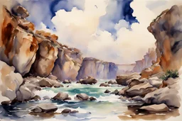 Clouds, rocks, cliffs, rocky land, sci-fi and fantasy, beyond and trascendent, 90's sci-fi movies influence, john singer sargent watercolor paintings