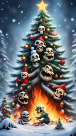 Christmas tree snow , Merry-x-mas decoration, tree, cartoon, Underworld, fire and smog, Skull, Trolls