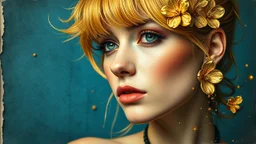 old worn paper, blue background, portrait punk woman, golden hair, flowers made of gold, golden fragments, silver particles, swirls, glare, glow from within, 8K, fine rendering, high detail, hyperrealism, high resolution, multi-layered, hyperdetail, hyperfocus,