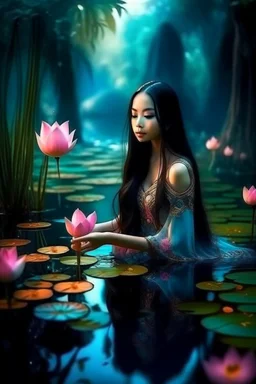 Beautiful princess Indonesia young lady touching a reflection of their in pretty, lotus pond, outer space glowing forest background, dark long wavy hair, cheerful fantasy, intricate details, hyper detailed