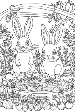 A black and white outline art for a kids coloring book, Cute bunnies in a vegetable garden, outlined with veggies around., white background , sketch style , full body, only use outline, mandala style, clean artpage, , white background, no shadows and clear well outlined