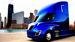 A Tesla semi-truck is parked, on the Navy Pier, in Chicago. CINEMATIC. WIDE ANGLE LENS. PHOTO REAL.